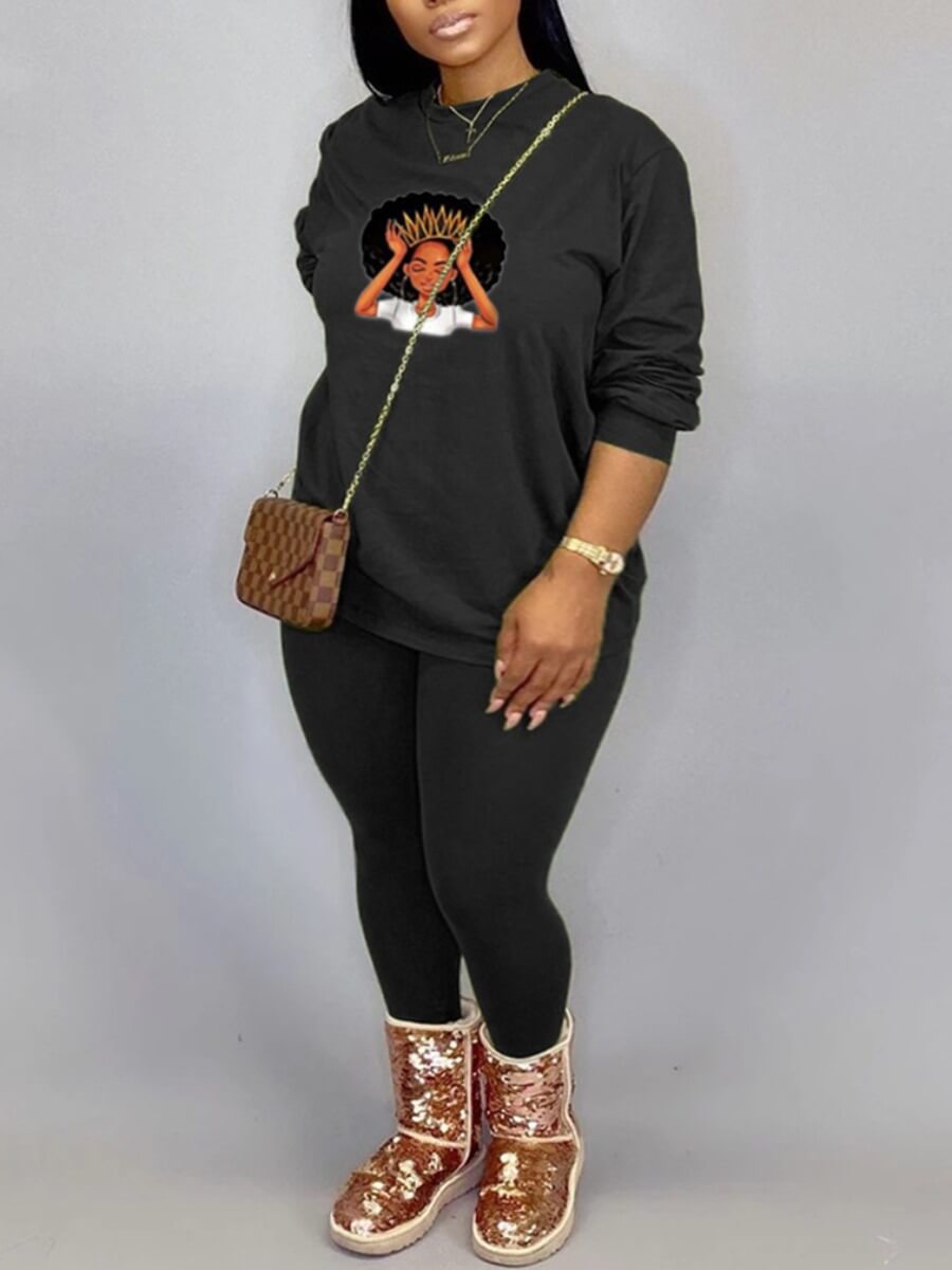 

Lovely Casual O Neck Graffiti Print Black Plus Size Two-piece Pants Set