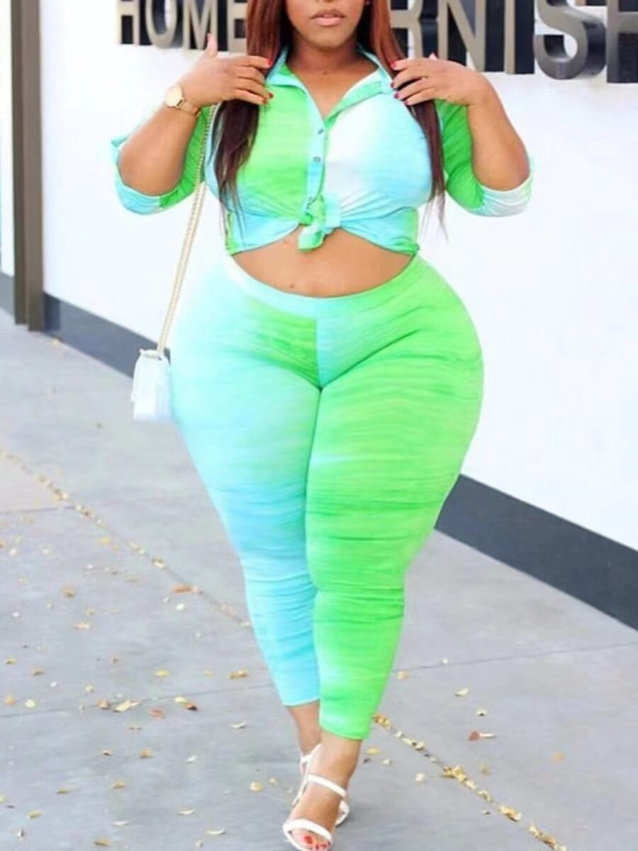 

Lovely Street Gradient Button Design Green Plus Size Two-piece Pants Set