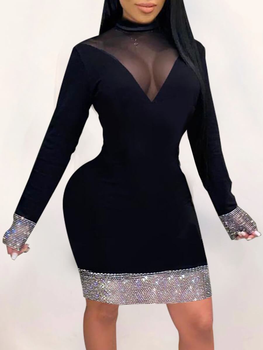 

Lovely Party Half A Turtleneck Mesh Patchwork Black Knee Length Dress