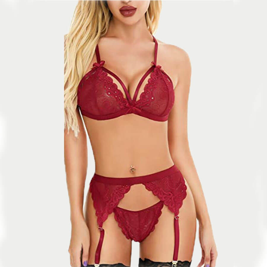

Lovely Sexy See-through Wine Red Bra Sets