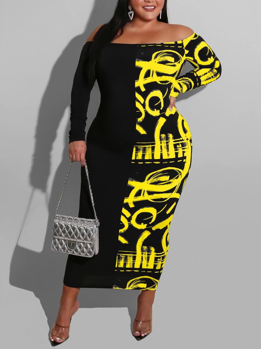 

Lovely Casual Off The Shoulder Print Patchwork Yellow Ankle Length Plus Size Dress
