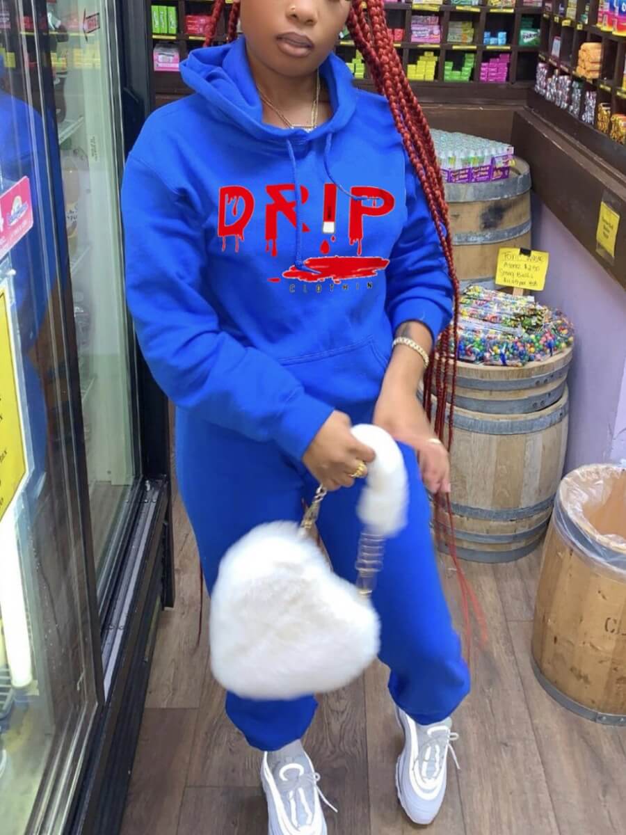 

Lovely Casual Letter Print Kangaroo Pocket Blue Two Piece Pants Set