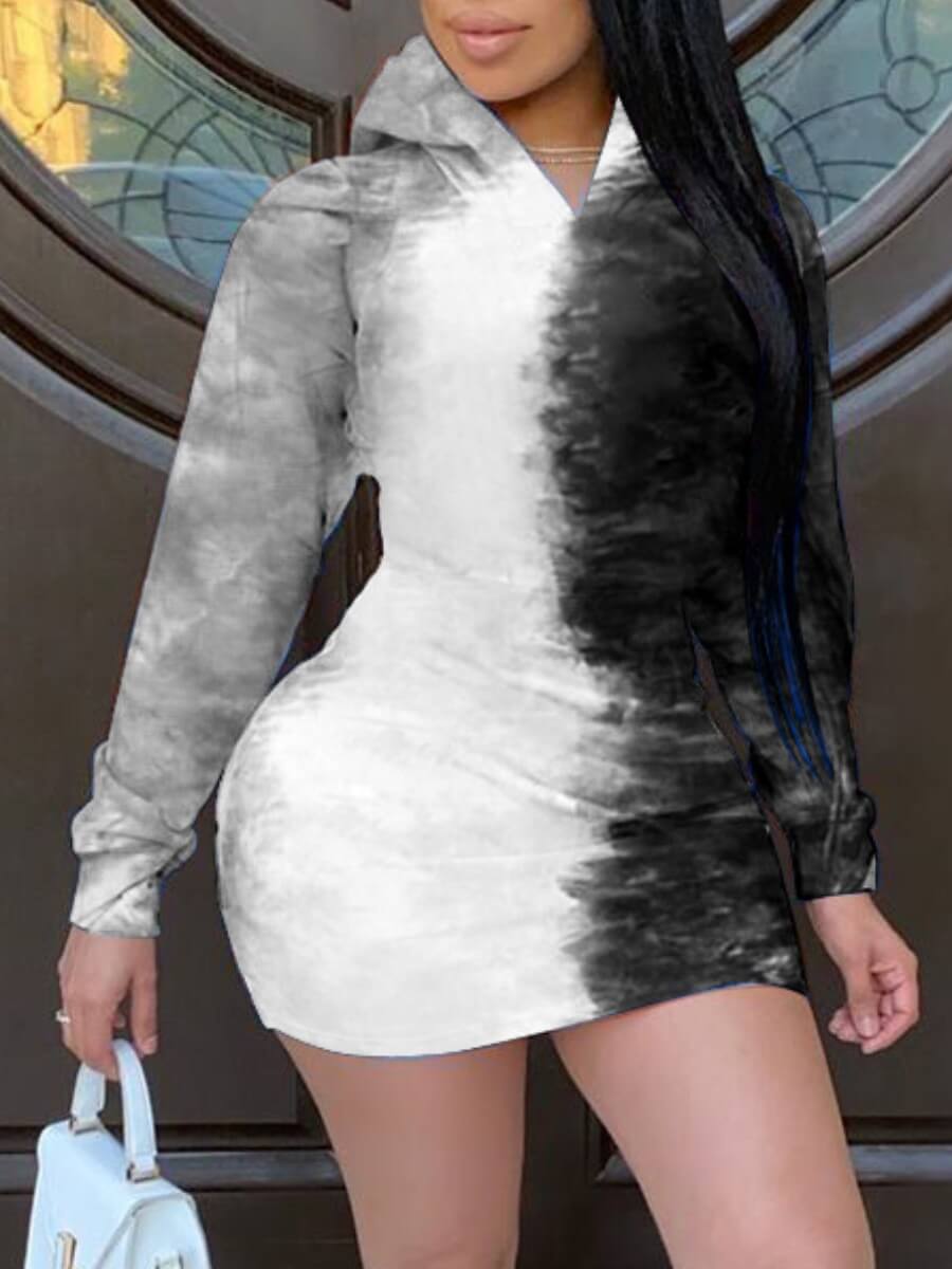 

Lovely Sportswear Hooded Collar Tie-dye Black Mini Dress