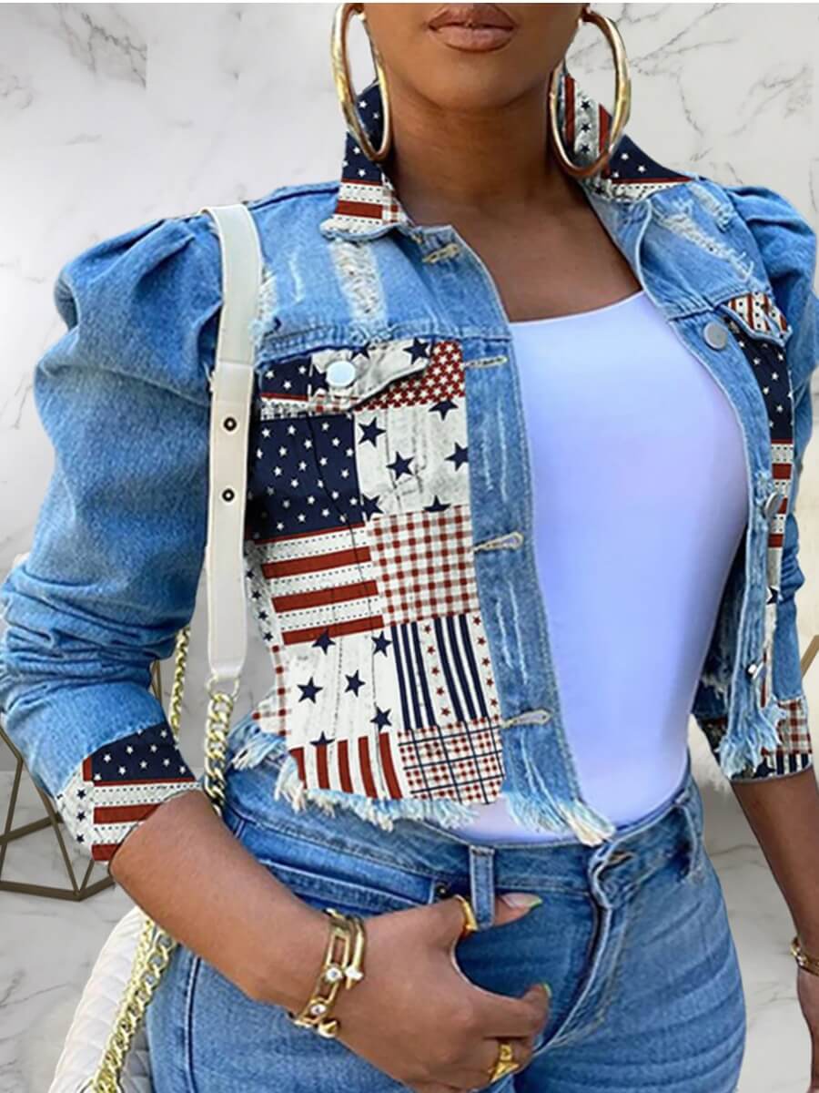 

Lovely Street American Flag Print Patchwork Blue Plus Size Denim Jacket