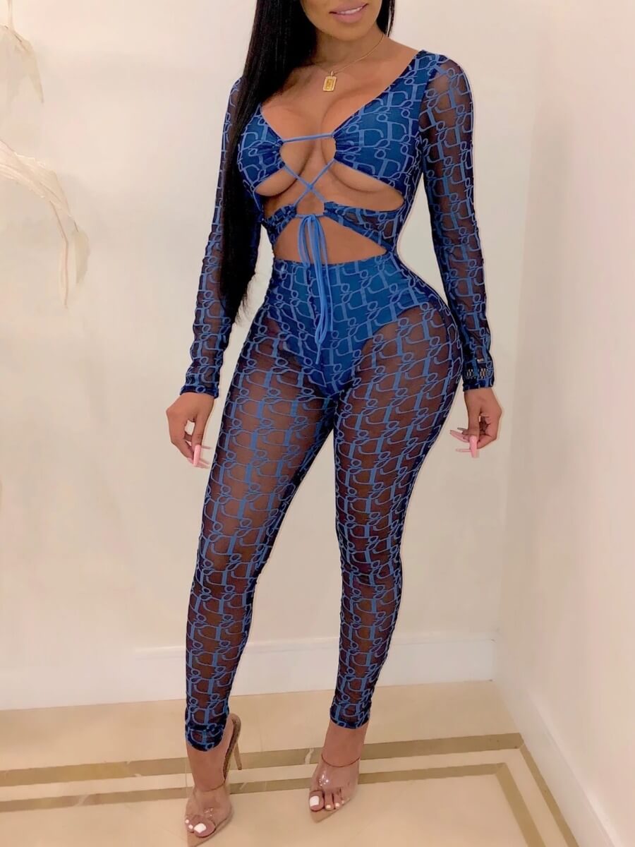 

Lovely Sexy See-through Bandage Hollow-out Design Blue One-piece Jumpsuit