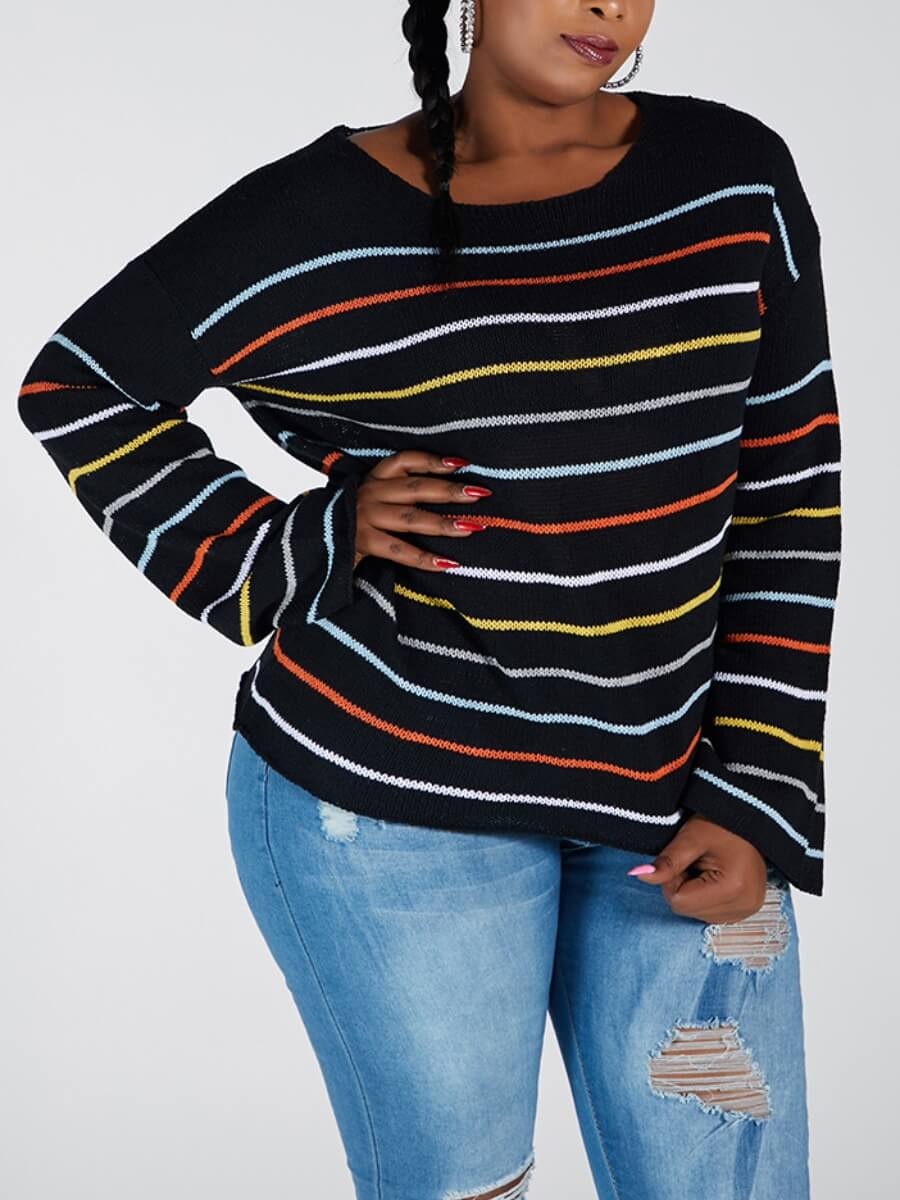 

Lovely Street Striped Patchwork Loose Black Sweater