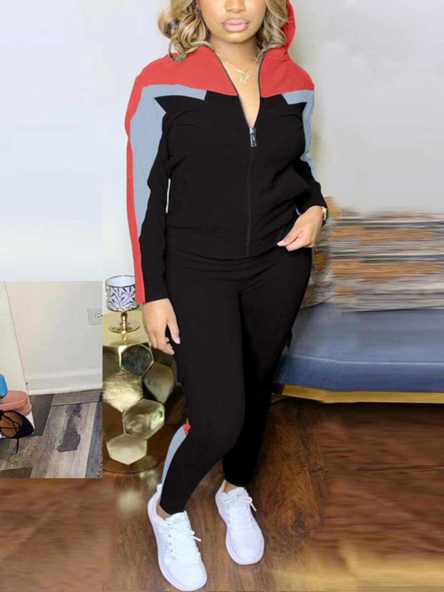 

Lovely Sportswear Striped Patchwork Black Two Piece Pants Set