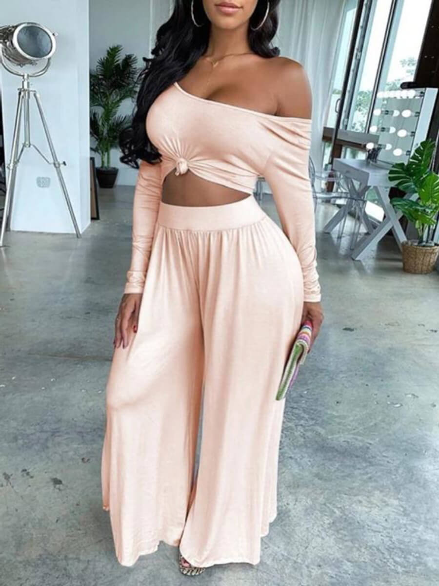 

Lovely Casual Off The Shoulder Loose Pink Plus Size Two-piece Pants Set