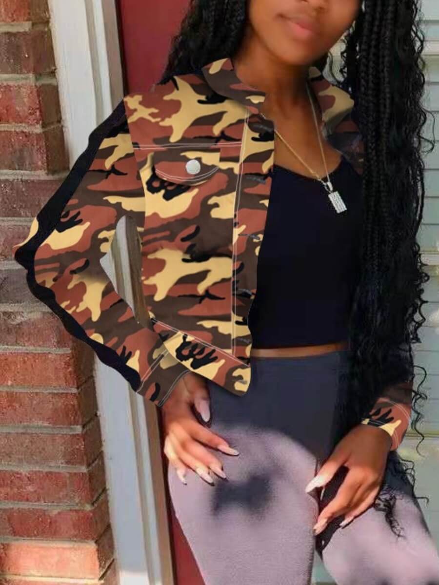 

Lovely Casual Camo Print Patchwork Golden Yellow Denim Jacket
