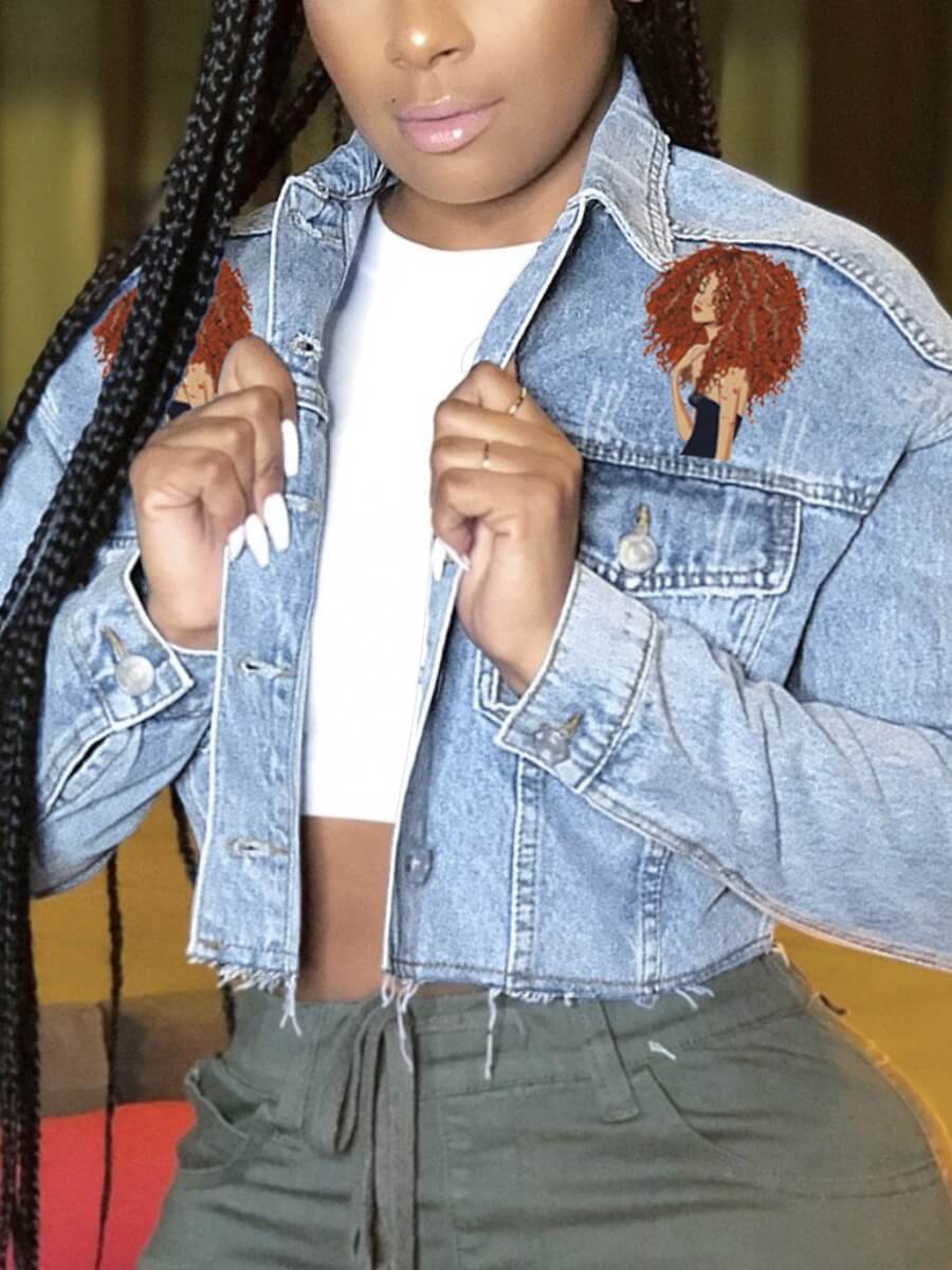 

Lovely Street Print Raw Edge Baby Blue Denim Jacket