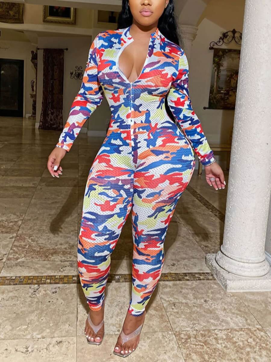 

Lovely Street Camo Print Patchwork One-piece Jumpsuit
