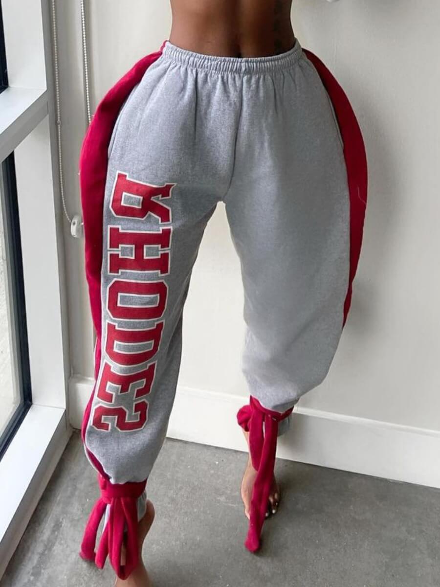 

Lovely Street Letter Print Patchwork Knot Design Grey Pants