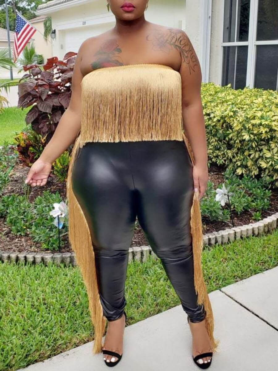 

Lovely Stylish Bateau Neck Tassel Design Patchwork Black Plus Size Two-piece Pants Set