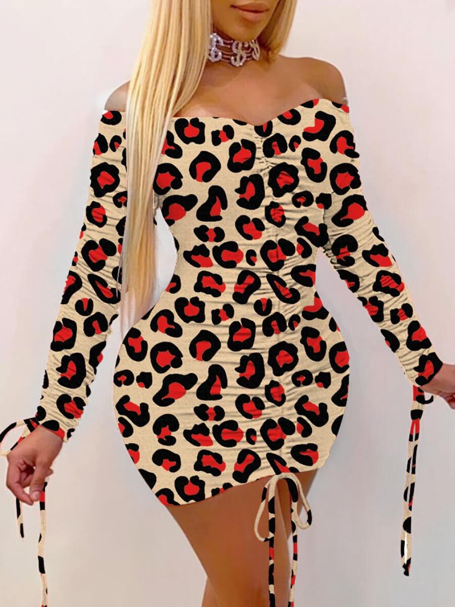 

Lovely Casual Off The Shoulder Leopard Print Mini Plus Size Dress