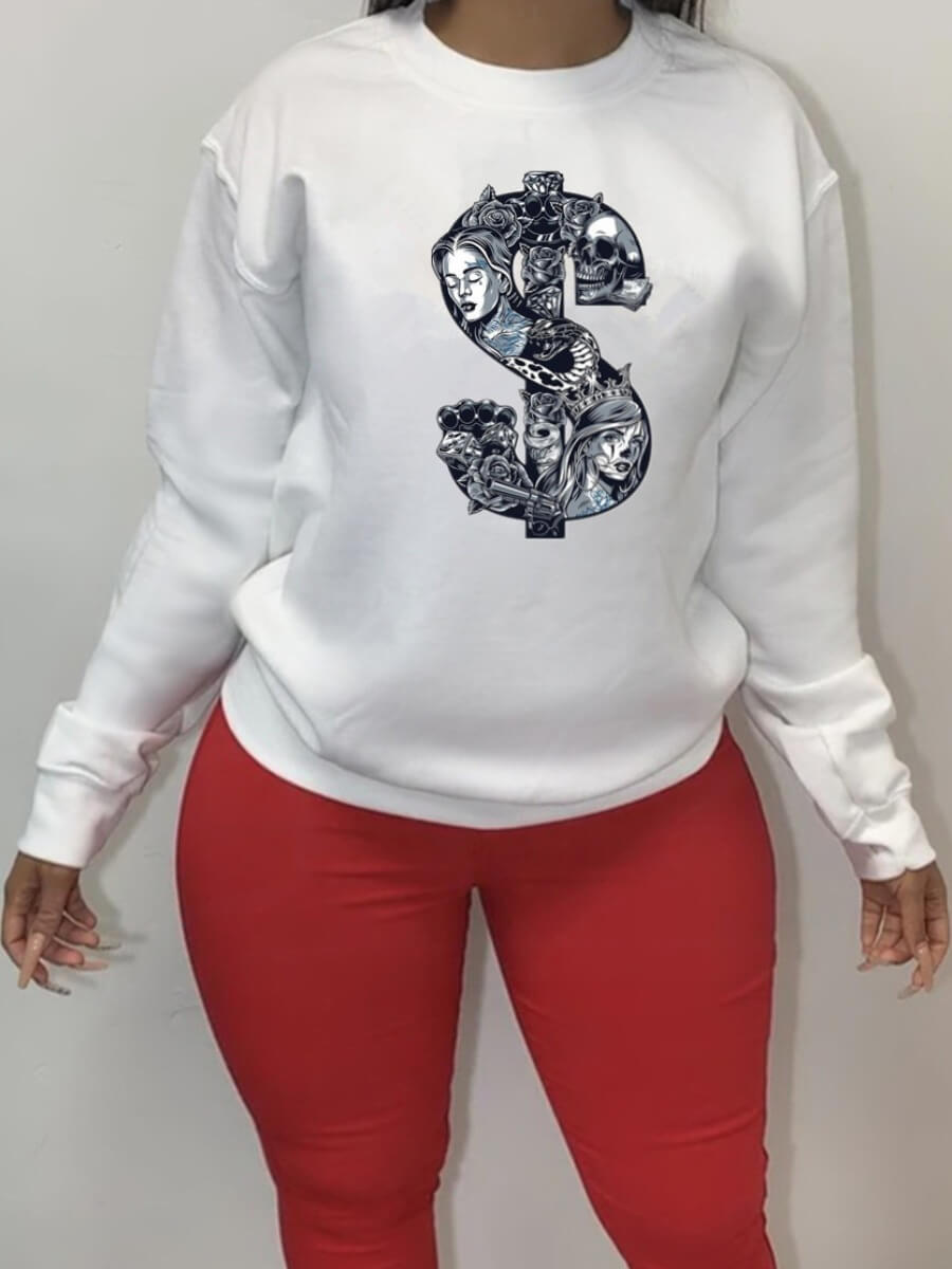 

Lovely Casual Dollar Sign Print White Plus Size Hoodie