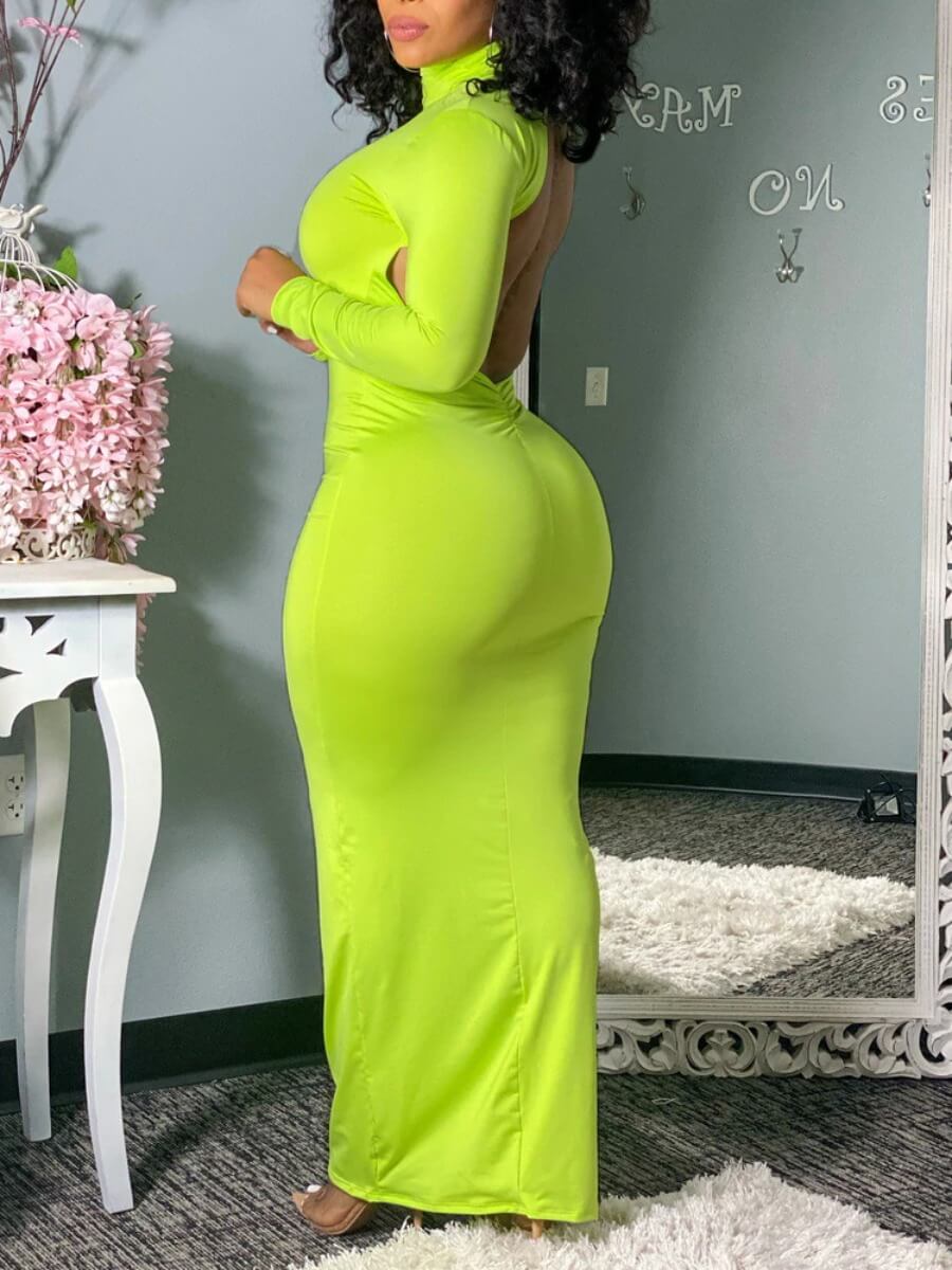

Lovely Casual Turtleneck Backless Grass Green Floor Length Dress