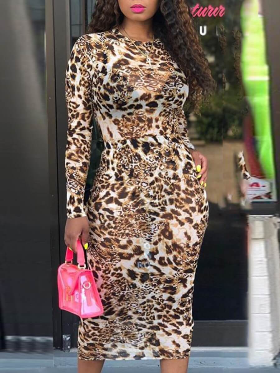 

Lovely Casual Leopard Print Patchwork Brown Mid Calf Dress