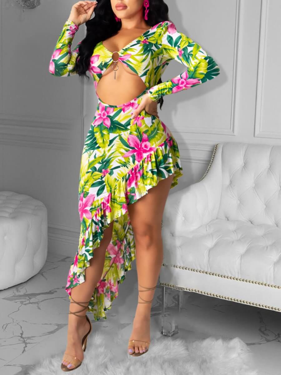 

Lovely Stylish Floral Print Hollow-out Pink Ankle Length Asymmetrical Dress