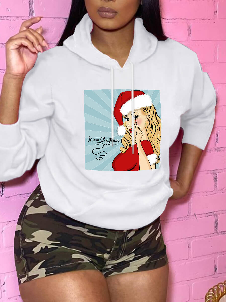 

Lovely Trendye Hooded Collar Christmas Day Print White Hoodie