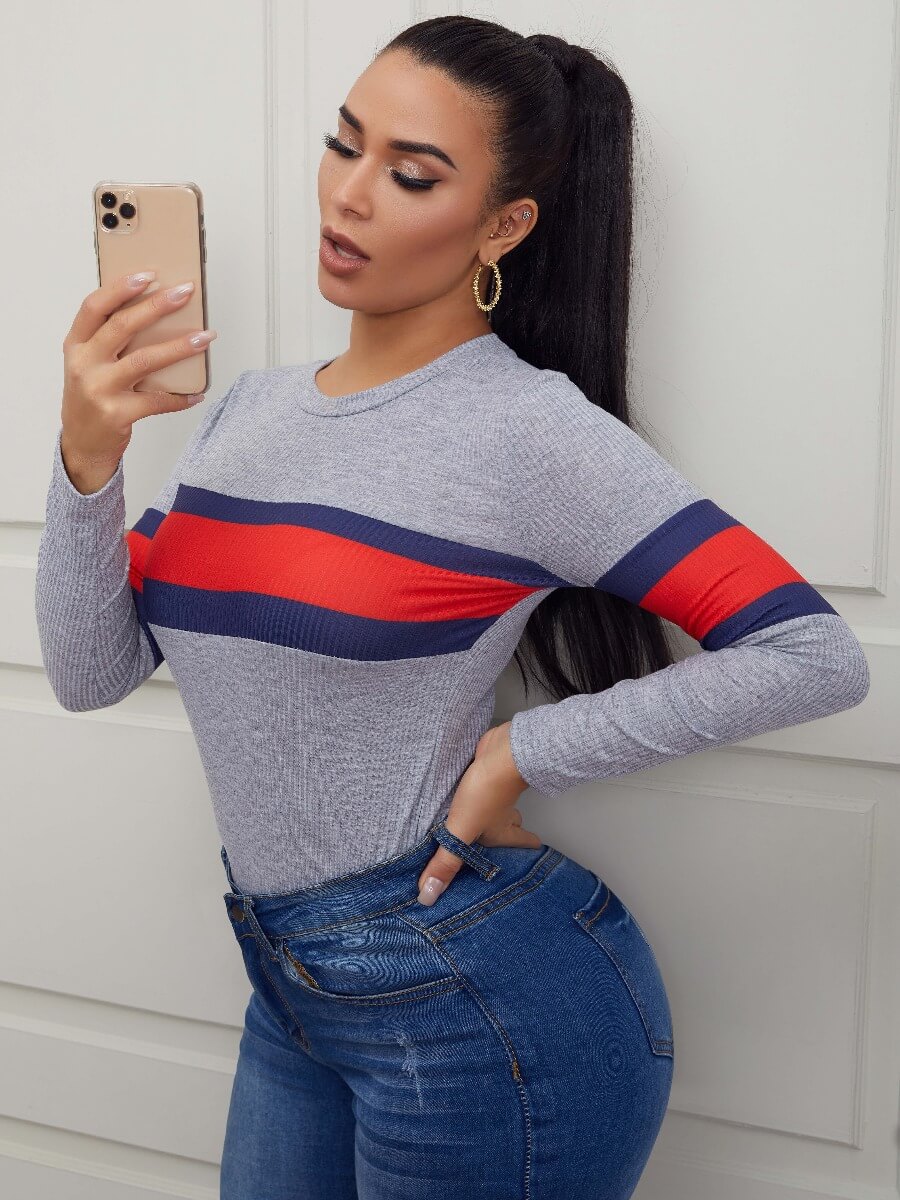 

Lovely Casual O Neck Striped Patchwork Grey Sweater