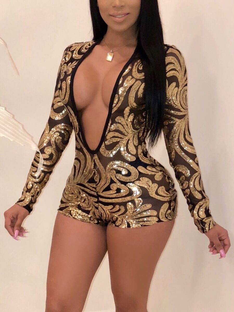 

Lovely Sexy Deep V Neck Print Patchwork Yellow One-piece Romper