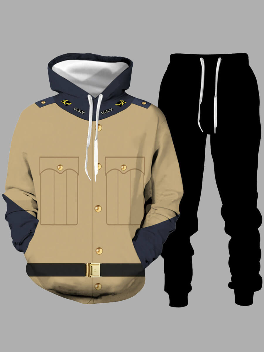 

LW Men Casual Color-lump Patchwork Drawstring Black Two Piece Pants Set