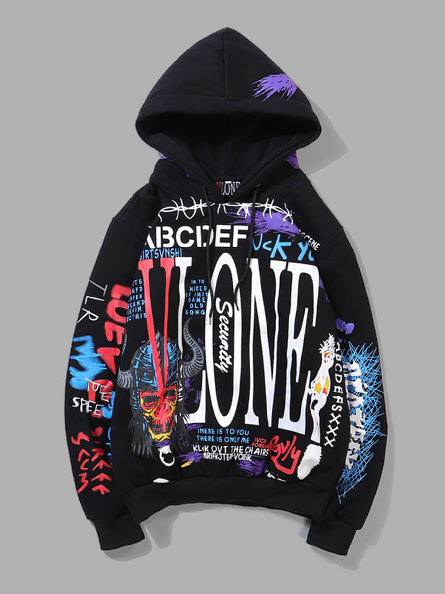 

LW Plus Size Casual Hooded Collar Graffiti Print Black Hoodie