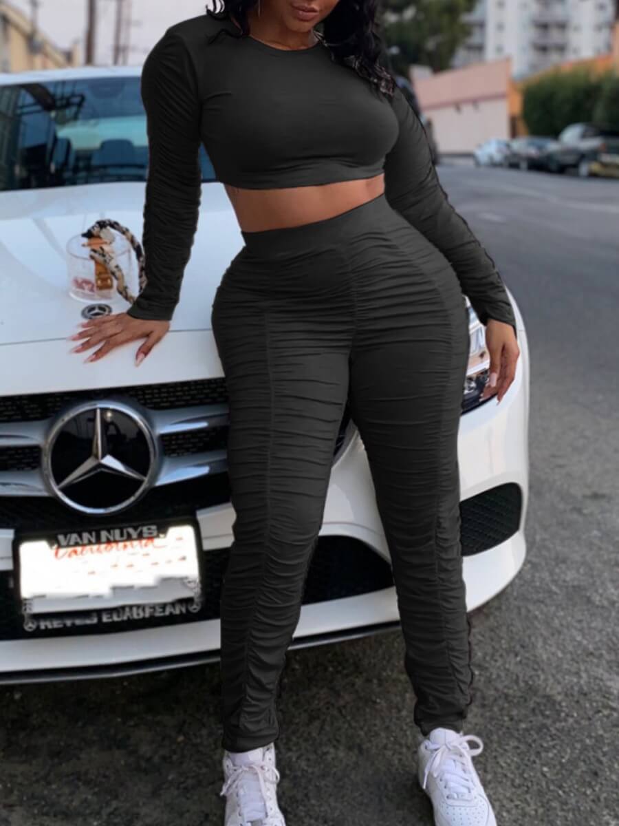 

Lovely Casual O Neck Fold Design Black Two Piece Pants Set