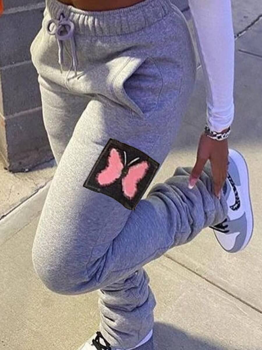 

Lovely Trendy Butterfly Print Drawstring Fold Design Grey Pants