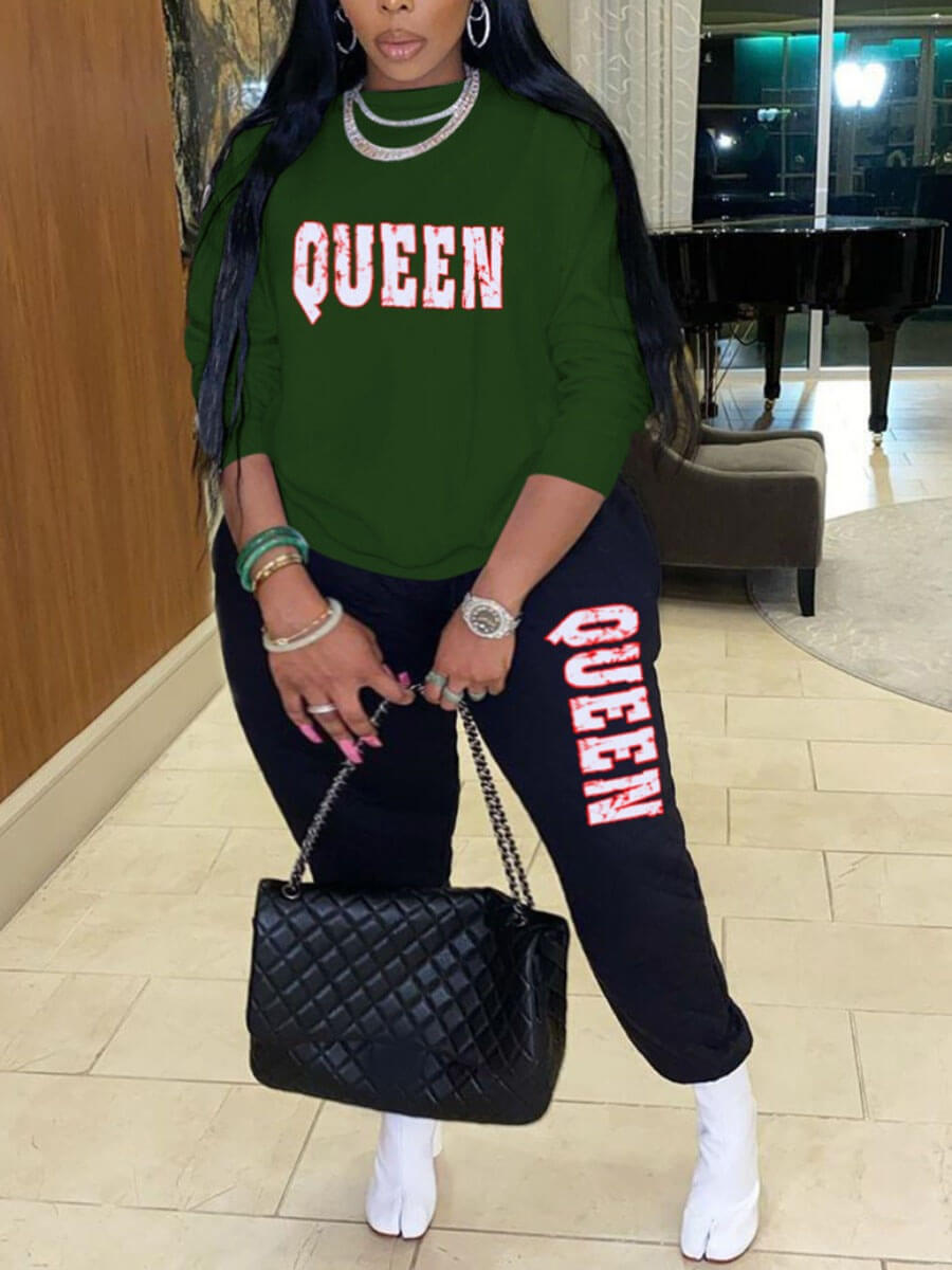 

Lovely Casual O Neck Letter Print Green Plus Size Two-piece Pants Set