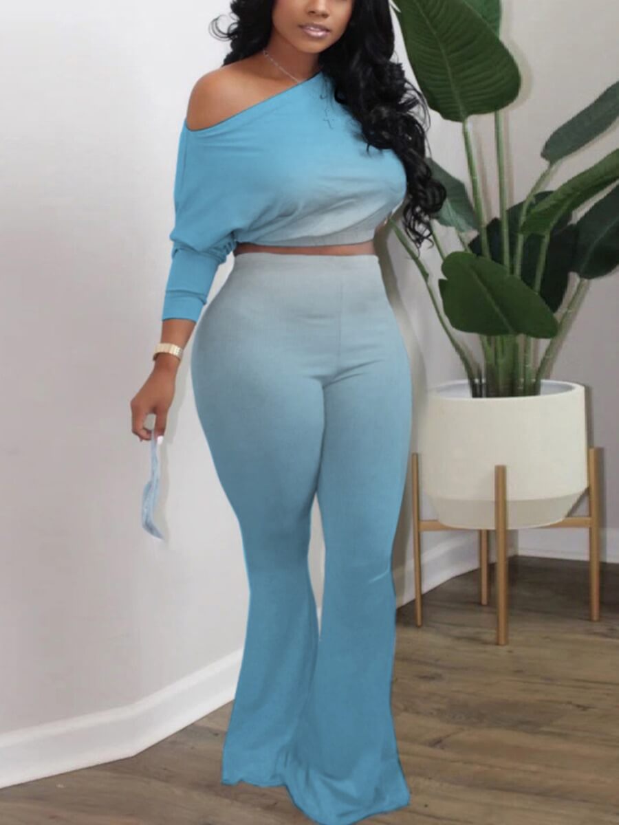 

Lovely Casual One Shoulder Gradient Baby Blue Plus Size Two-piece Pants Set
