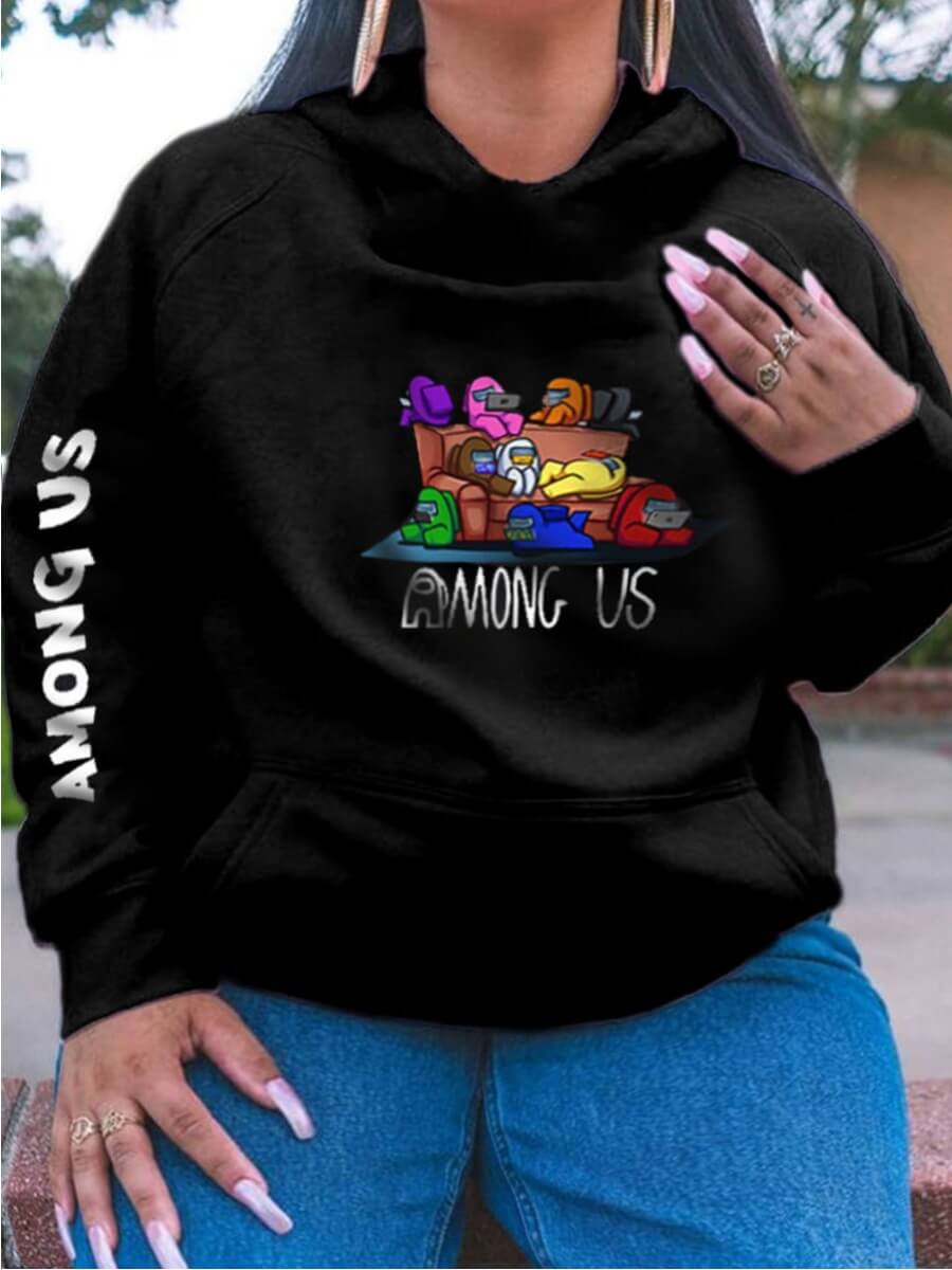 

Lovely Casual Cartoon Print Kangaroo Pocket Black Hoodie
