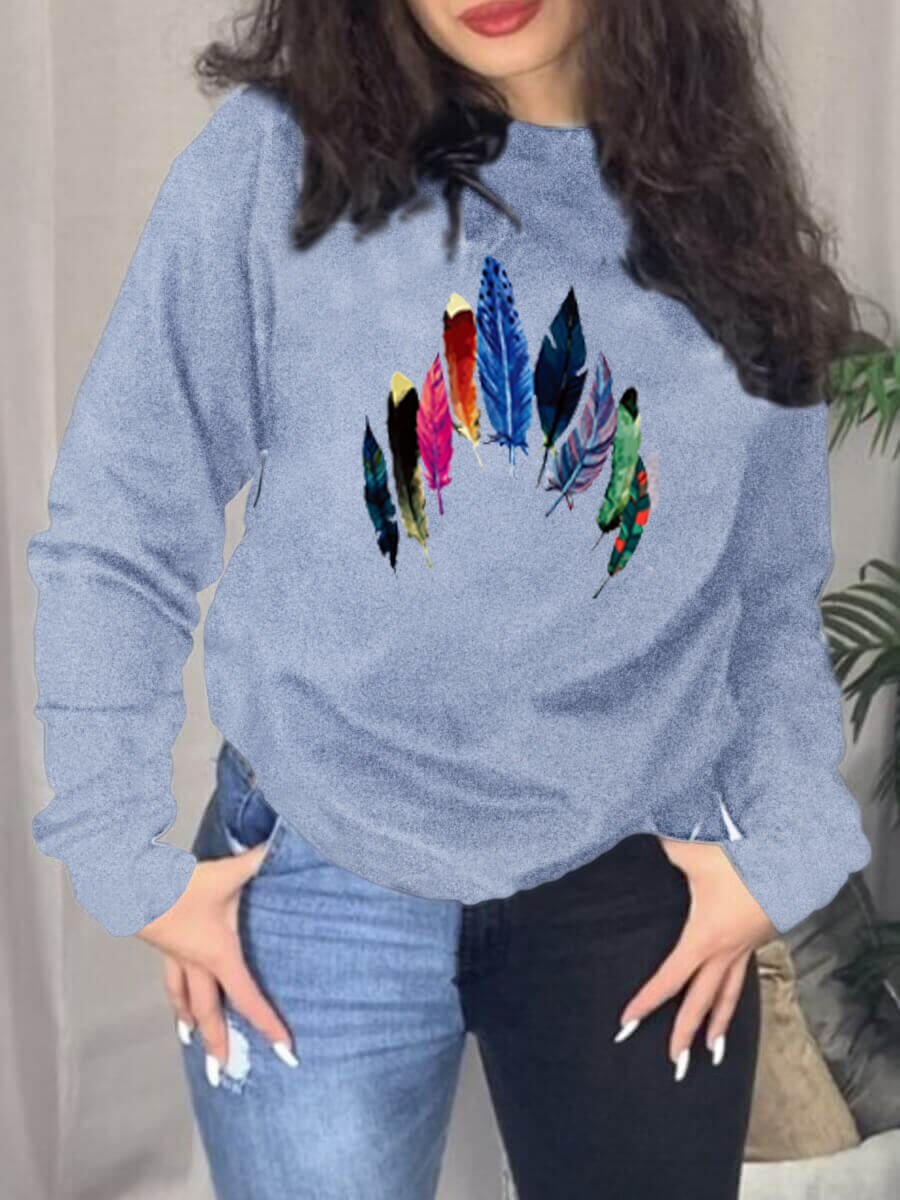 

Lovely Casual O Neck Feather Print Grey Hoodie