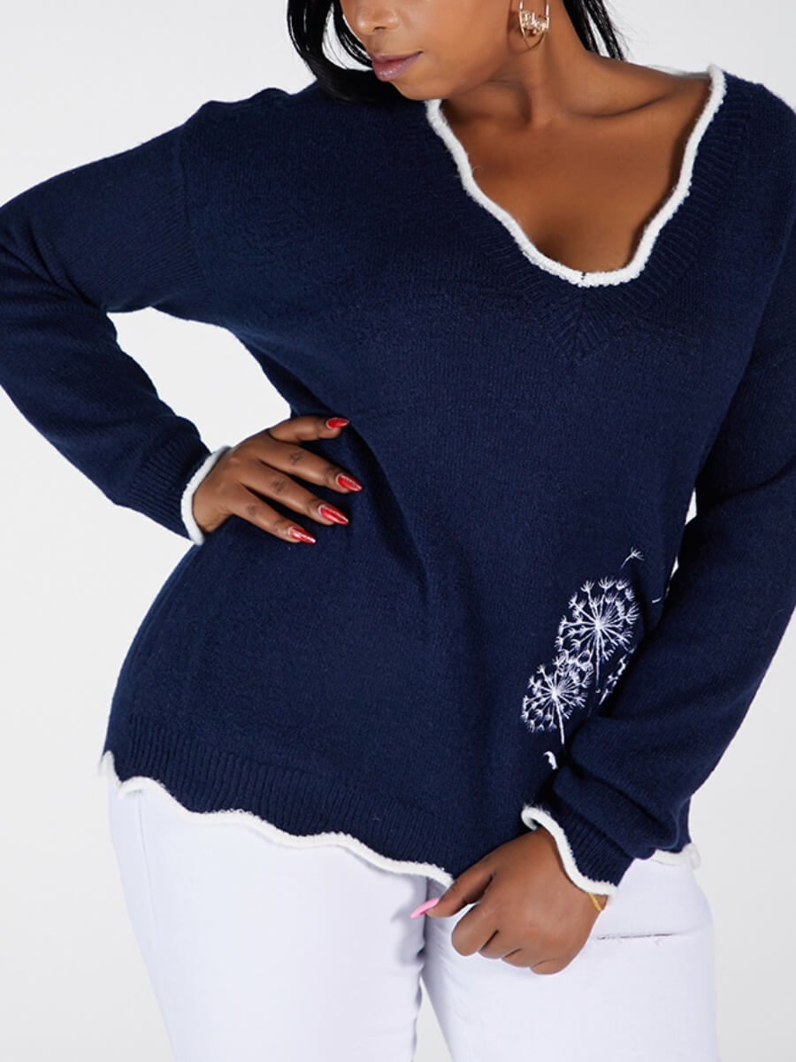 

Lovely Casual V Neck Patchwork Dark Blue Plus Size Sweater