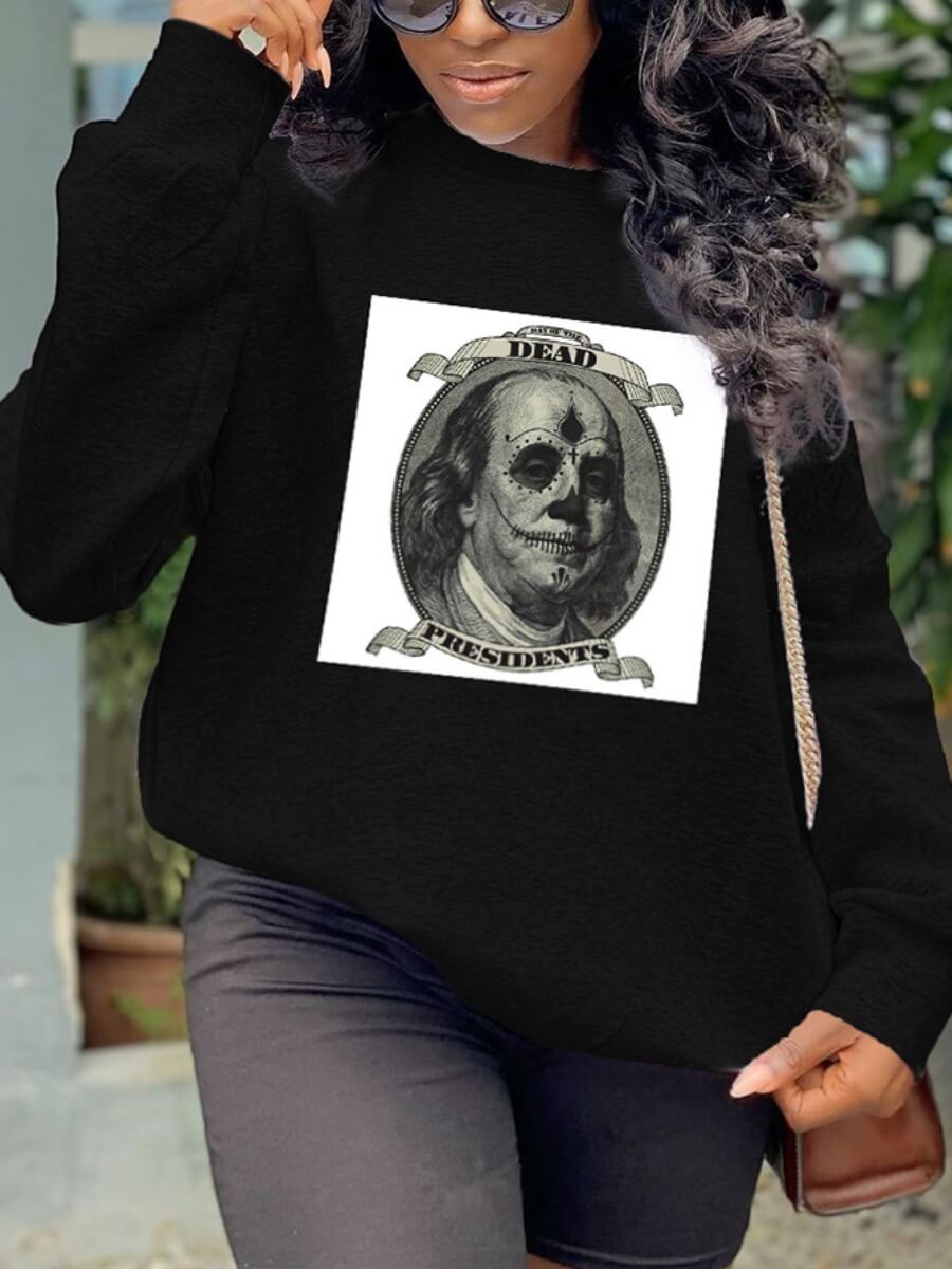 

Lovely Casual O Neck Print Black Plus Size Hoodie