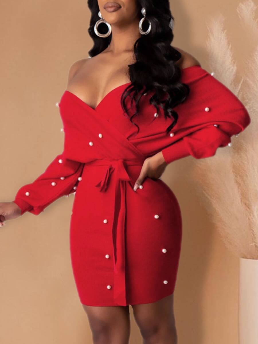 

Lovely Party Off The Shoulder Pearl Decoration Red Mini Dress