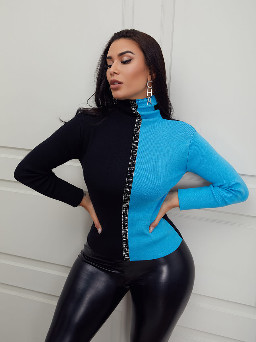 

Lovely Stylish Turtleneck Patchwork Blue Sweater