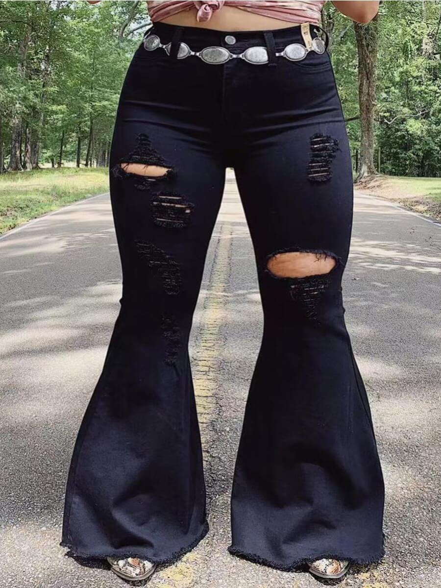

Lovely Casual Flared Broken Holes Black Jeans(Without Waist Chain
