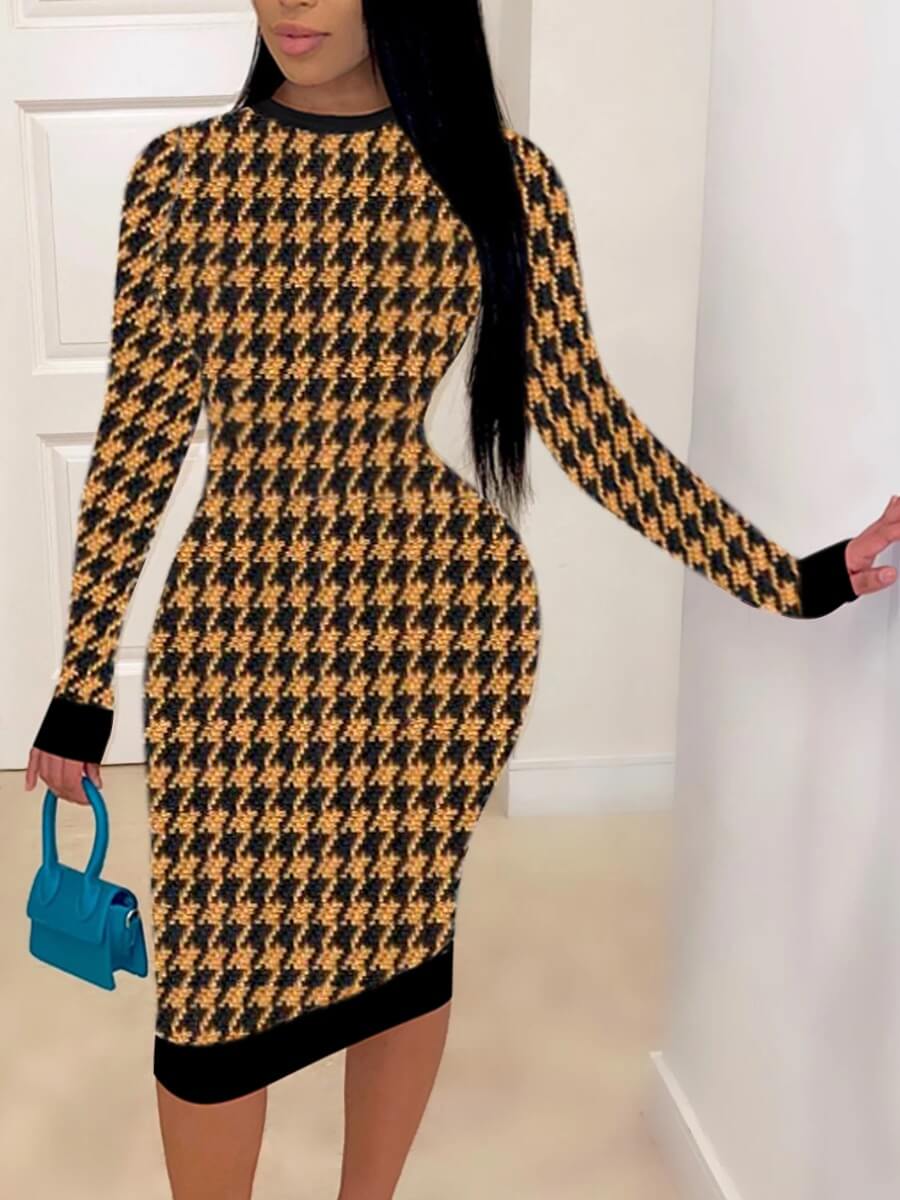 

LW Casual O Neck Plaid Print Yellow Mid Calf Dress