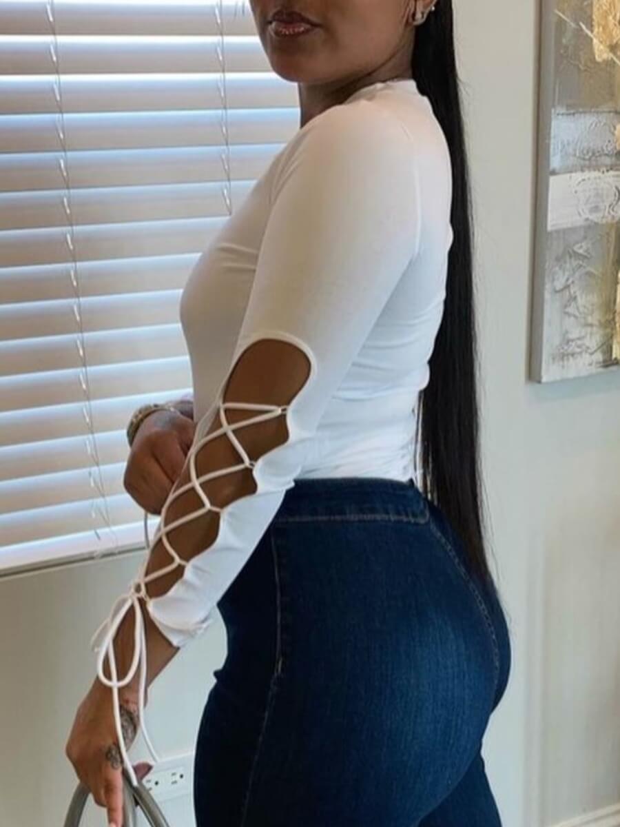 

Lovely Casual O Neck Lace-up Hollow-out White T-shirt