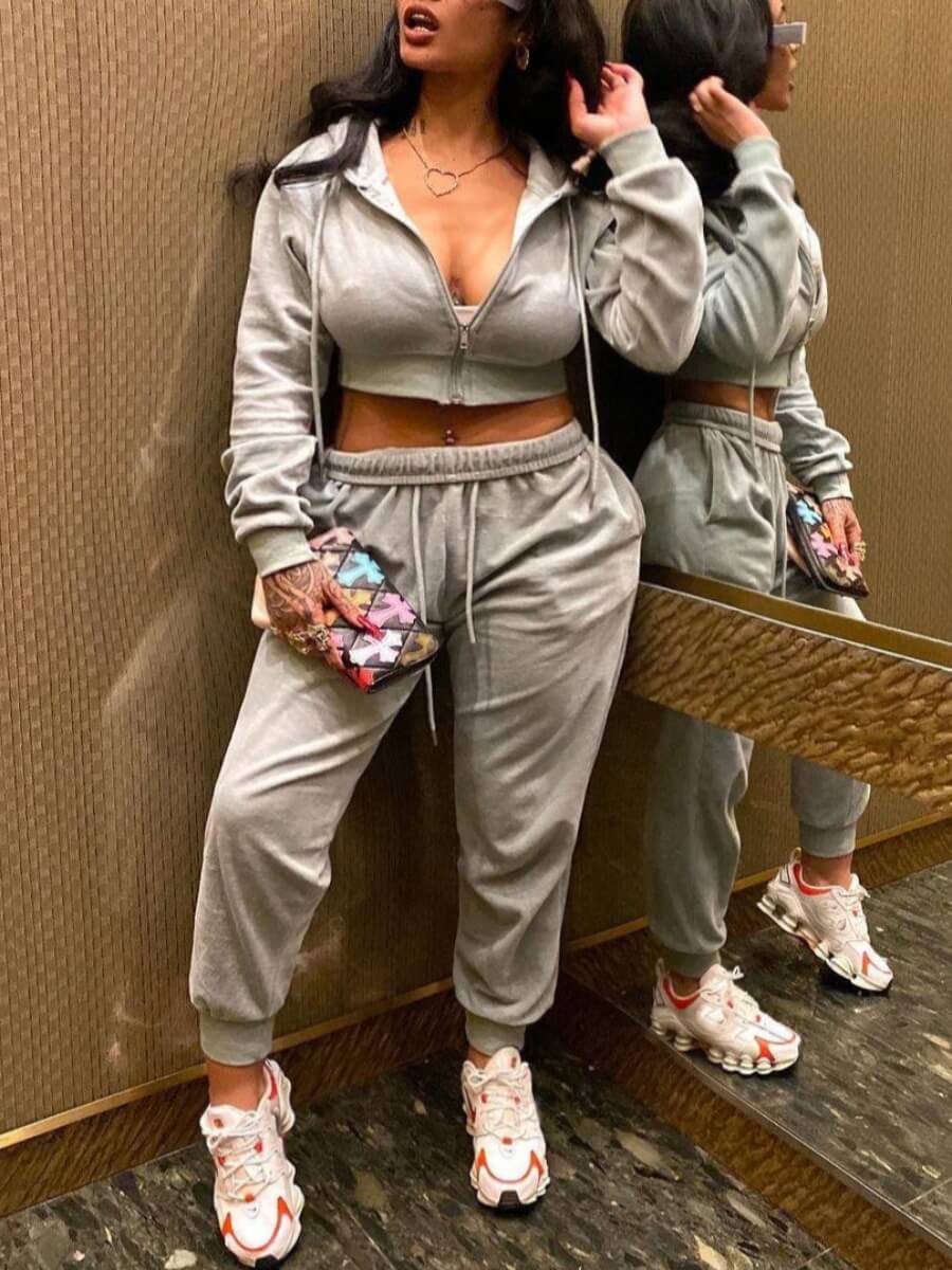 

Lovely Sportswear Drawstring Zipper Design Grey Two Piece Pants Set