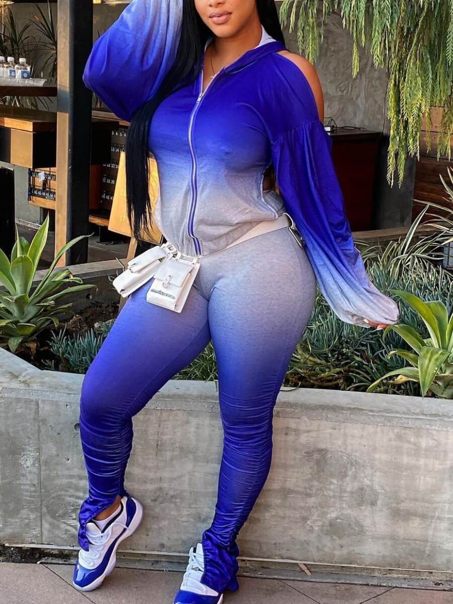 

Lovely Casual Gradient Print Zipper Design Blue Two Piece Pants Set