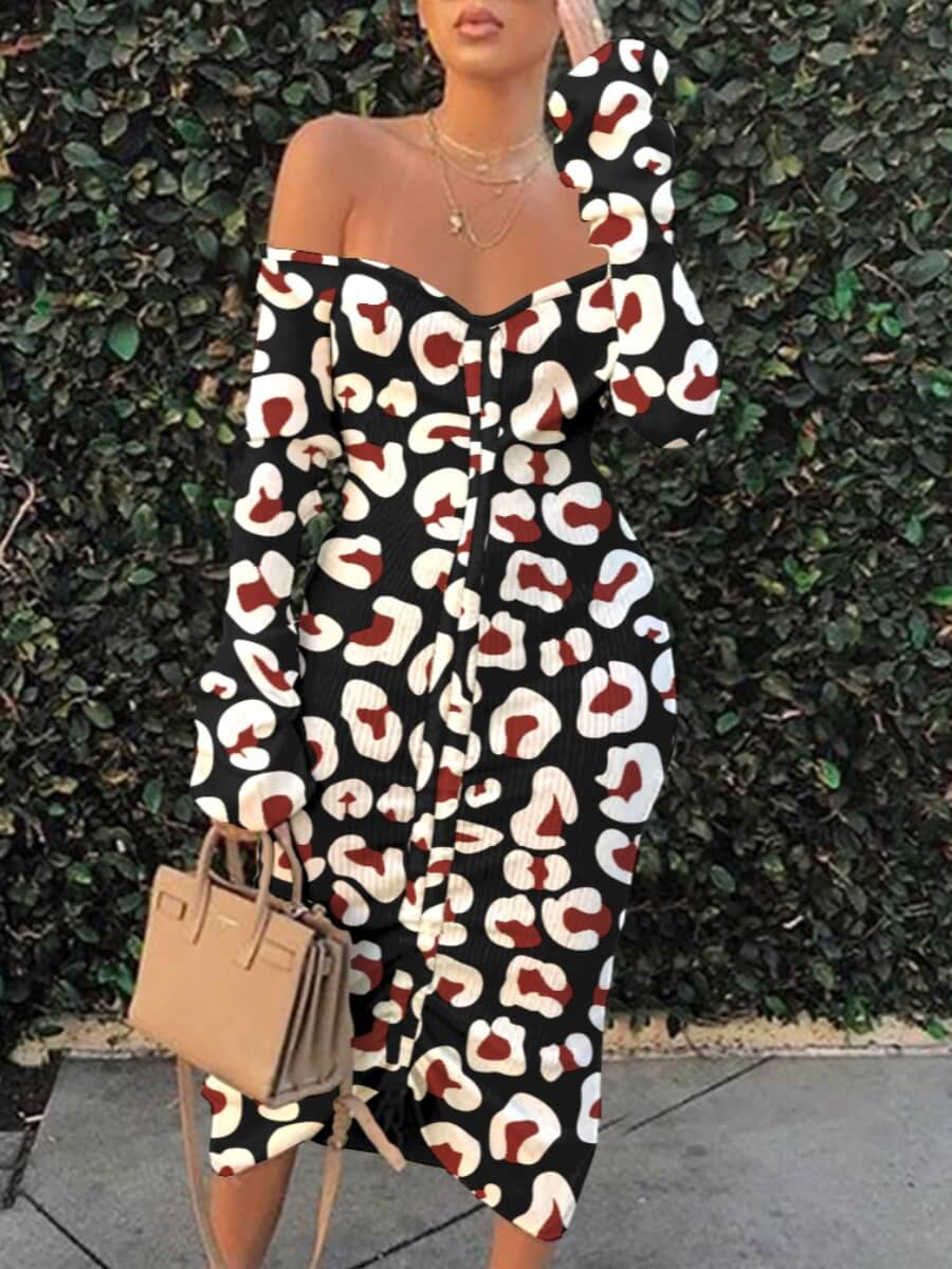 

Lovely Street ff The Shoulder Print Drawstring Black Mid Calf Dress