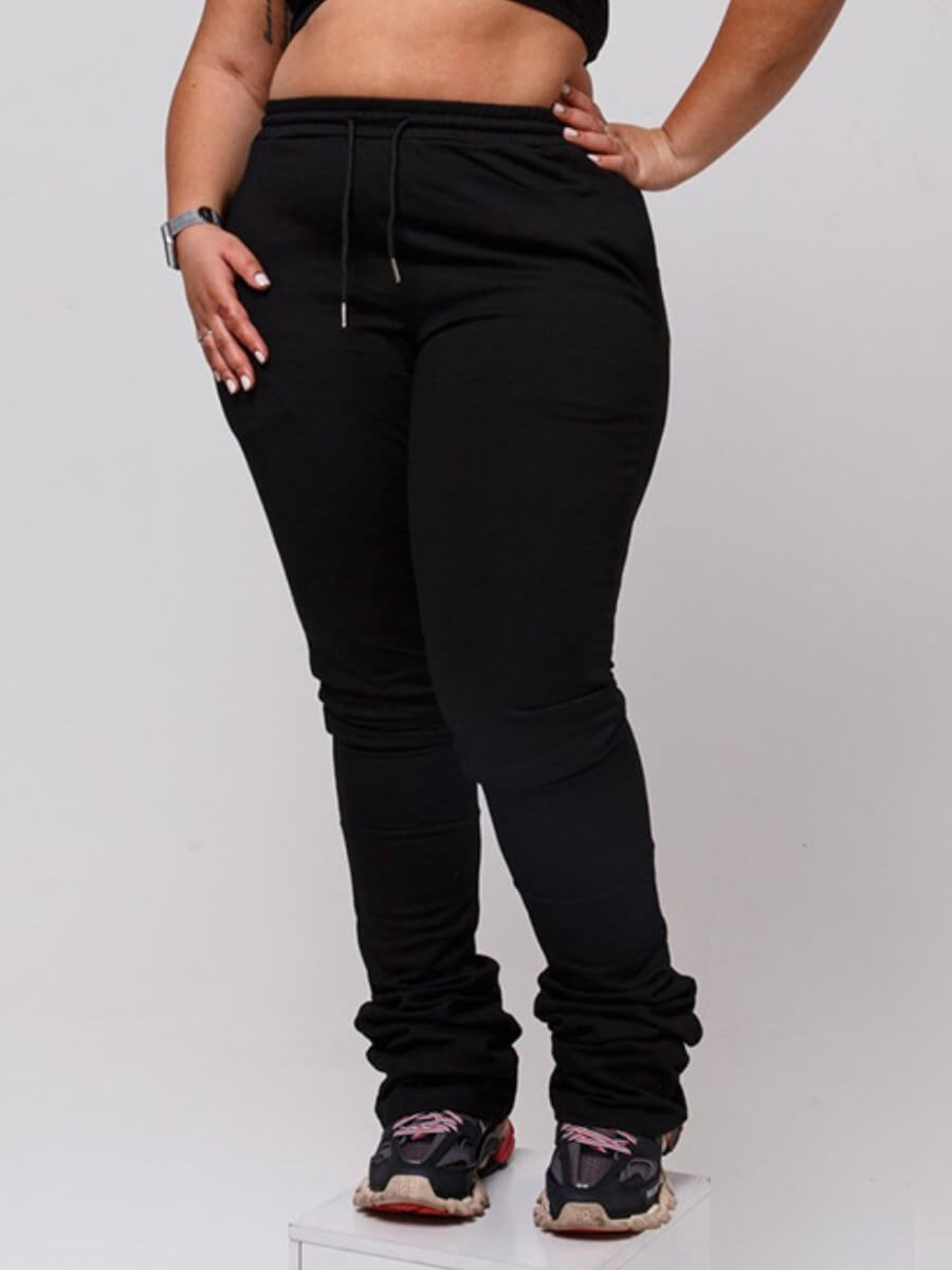 

Lovely Casual Mid Waist Drawstring Design Black Plus Size Pants
