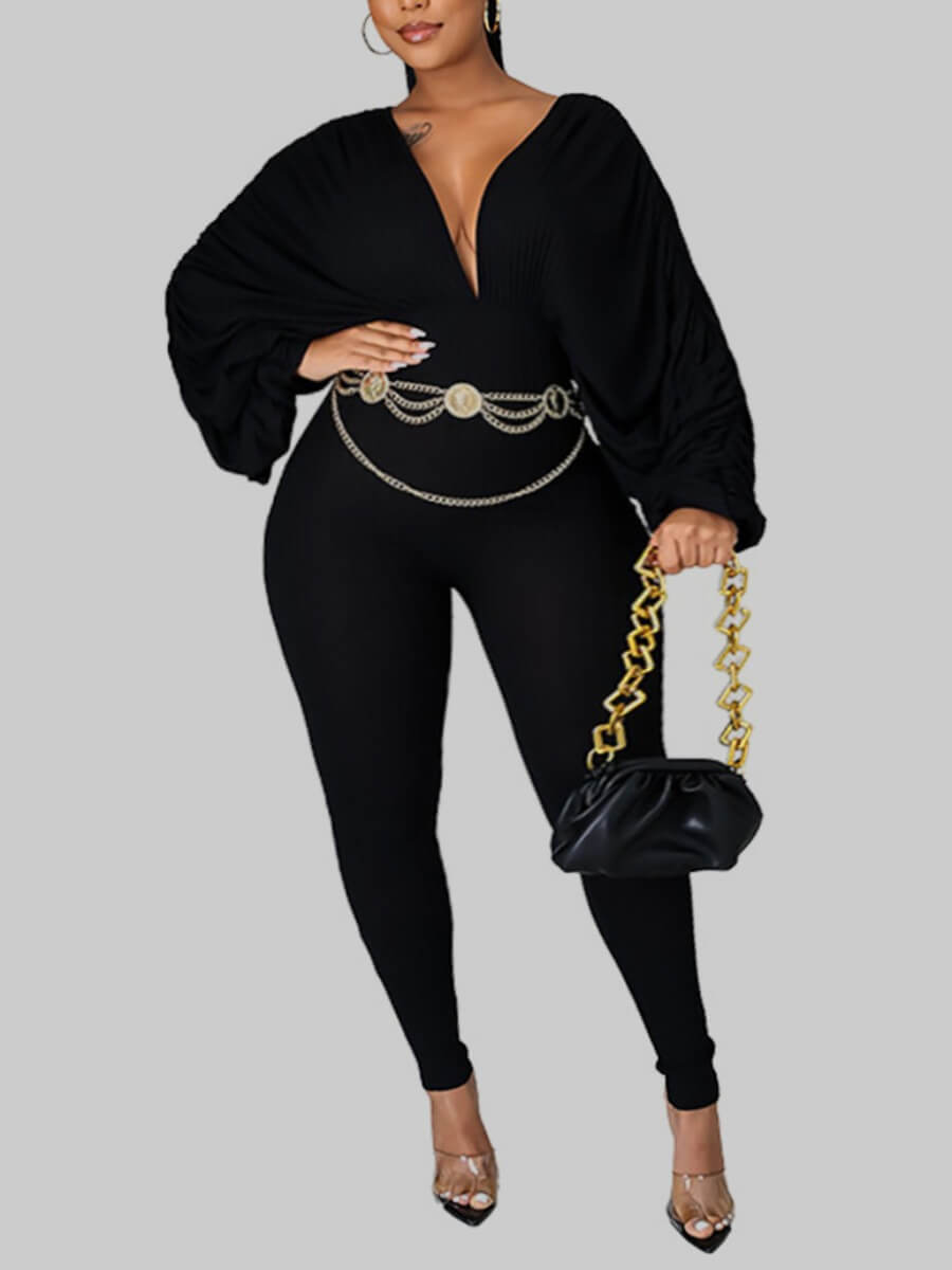 

Lovely Casual V Neck Black Plus Size One-piece Jumpsuit(Without Waist Chain