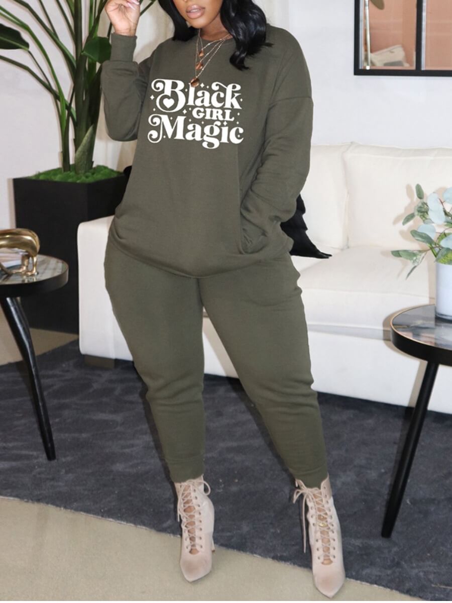 

Lovely Casual Letter Print Green Plus Size Two Piece Pants Set
