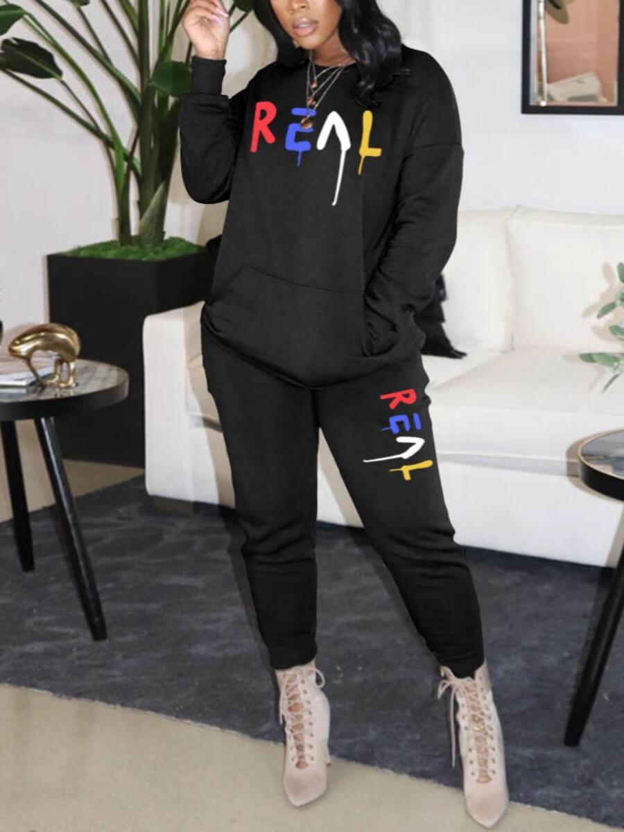 

Lovely Casual O Neck Graffiti Element Print Black Two Piece Pants Set