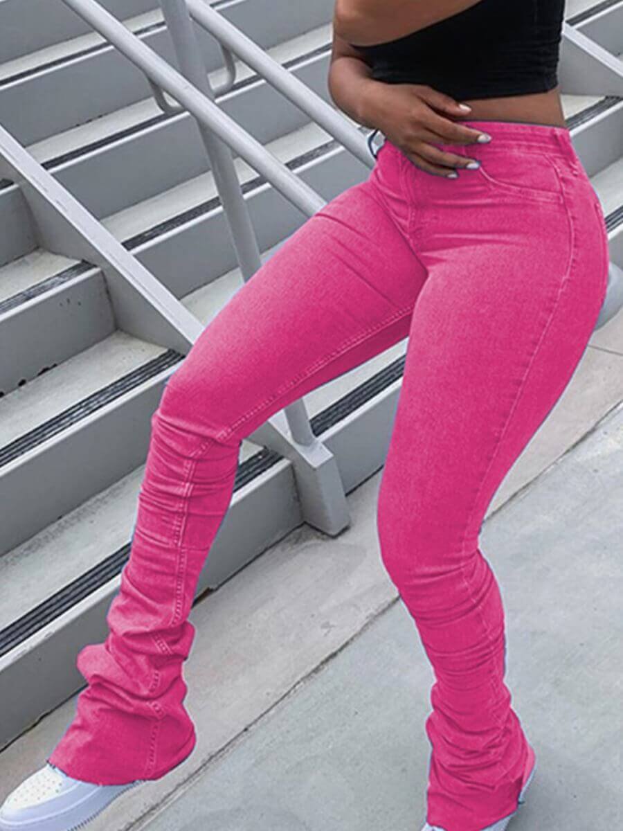 

Lovely Casual Fold Design Skinny Rose Red Jeans