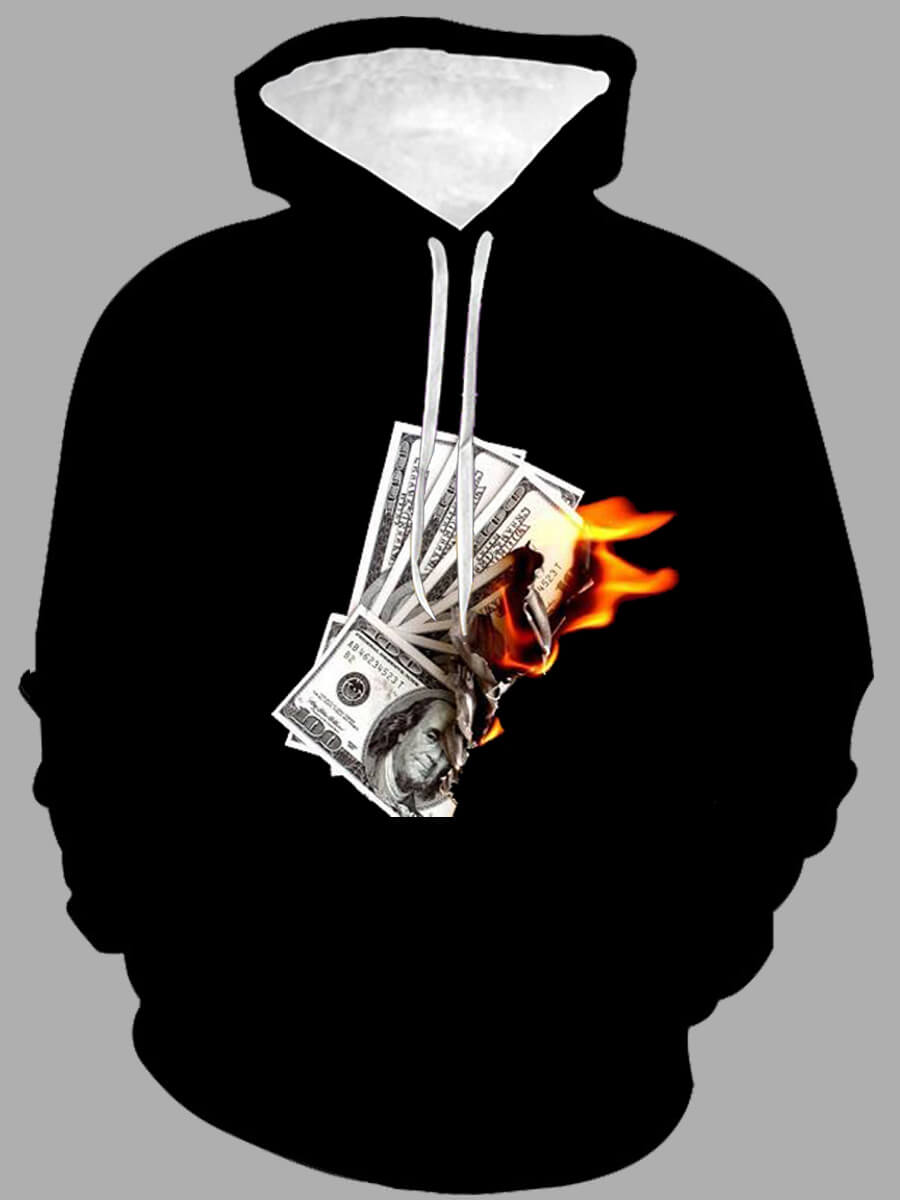 Lovely Men Street Money Print Patchwork Black Hoodie