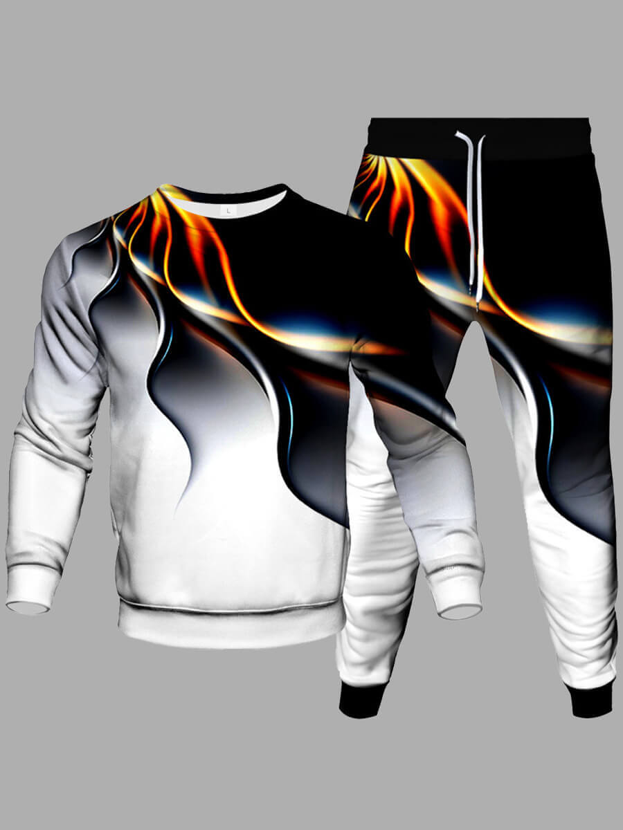 

Lovely Men Street Fire Print Patchwork White Two Piece Pants Set